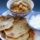 Chickpea Spinach Sweet Potato Coconut Curry with Garlic Scallion Roti & Basmati Rice